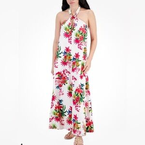 International Concepts Tropical Floral Linen Blend Halter Maxi Dress